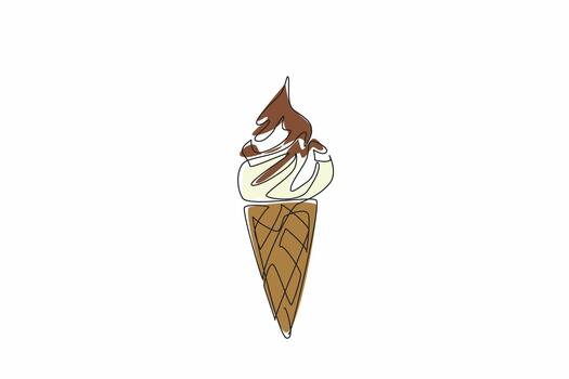 Single one line drawing vanilla ice cream cone topped with melted chocolate. Enjoy in the park. On the beach. In the summer. National Chocolate Custard Day. Continuous line design graphic illustration vector