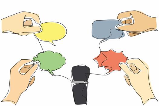 Single continuous line drawing a mic in the middle of 4 callouts of various shapes held by hand. Social media comments. Like journalists. National Public Radio Day. One line design illustration vector