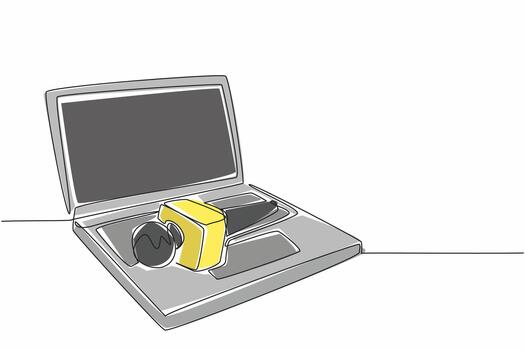 Continuous one line drawing microphone above laptop keyboard. Independent reporting. Distributed via social media. Random source. National Public Radio Day. Single line draw design illustration vector