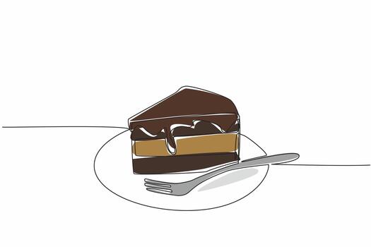 Continuous one line drawing chocolate layer cake covered in chocolate on small plate with small fork. Favorite of many ages. National Chocolate Custard Day. Single line draw design illustration vector