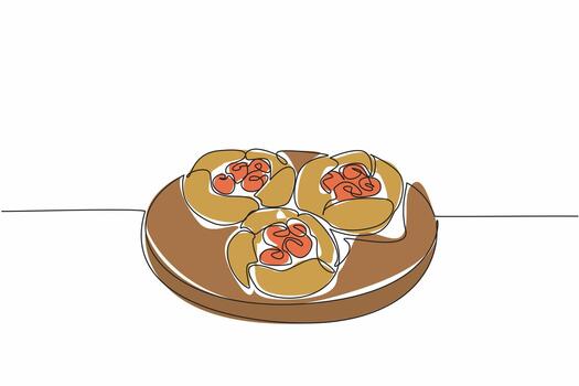 Single one line drawing 3 raspberry popovers on round wooden cutting board. Fresh from the oven. Sweet and sour refreshing. National Raspberry Popover Day. Continuous line design graphic illustration vector