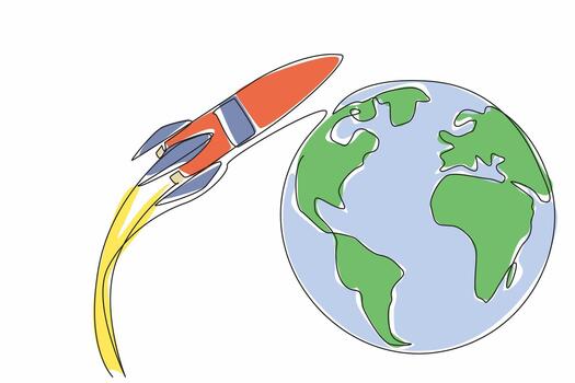 Continuous one line drawing rocket flying and beside it is a globe. Space expedition completed. Back to earth. Knowledge about the moon. National Space Day. Single line draw design illustration vector