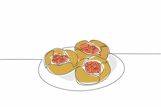 continuo uno línea dibujo 3 frambuesa popovers en un pequeño lámina. alto fibra bocadillo para niños. para el fin de semana. delectación. nacional frambuesa popover día. soltero línea dibujar diseño ilustración vector