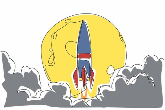 Single one line drawing rocket flies in the middle of moon. Purpose of the expedition. Exploring the mysteries of the ever dark moon. National Space Day. Continuous line design graphic illustration vector