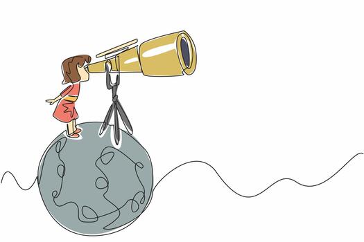 Continuous one line drawing little girl looking through giant telescope at the moon. Star cluster observer. Comet. Little scientist. National Space Day. Single line draw design illustration vector