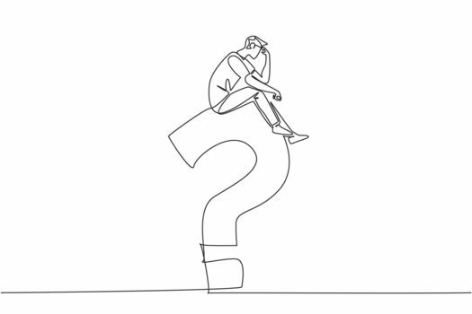 Continuous one line drawing young man sitting on a big question mark while contemplating. Miscalculation. Regret the choice deeply. National Day of Reason. Single line draw illustration vector