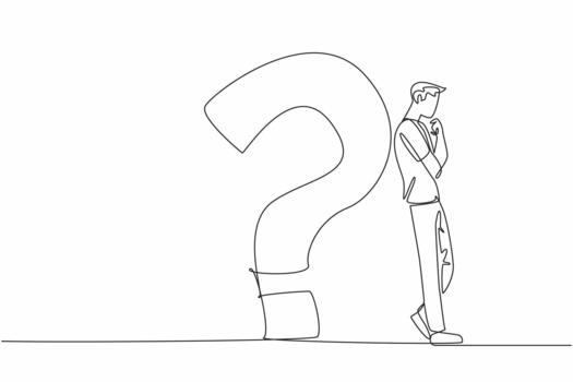 Single continuous line drawing man in casual clothes leaning his back against big question mark. Find the best solution. Get out of trouble. National Day of Reason. One line design vector