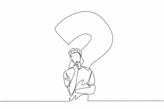 Single one line drawing man with thinking gesture with big question mark background. Thinking very hard to find a solution. Idea. National Day of Reason. Continuous line design illustration vector