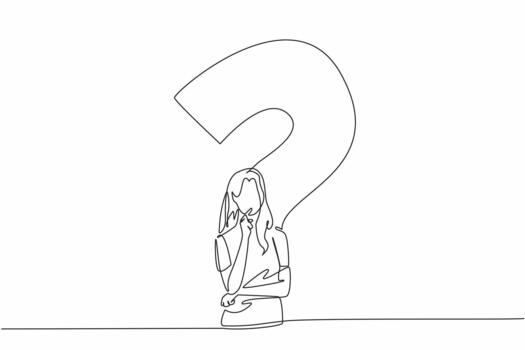 continuo uno línea dibujo mujer con pensando gesto con grande pregunta marca antecedentes. pensando fuera alto. frente a problemas. nacional día de razón. soltero línea dibujar ilustración vector