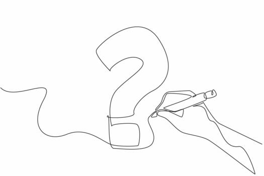 Single continuous line drawing hand holds marker forms big question mark from scribbled lines. Seeking enlightenment to find best solution. National Day of Reason. One line design vector
