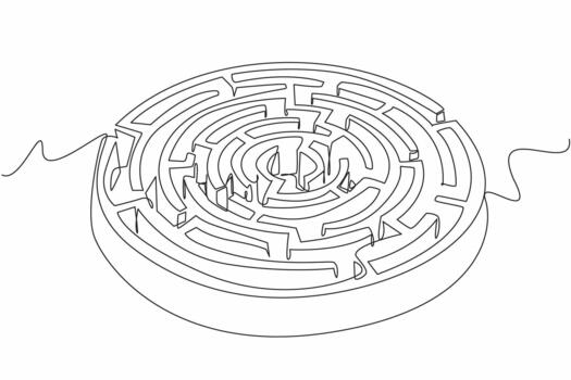 Single continuous line drawing labyrinth of circular plants. Educational playground. Learn to be patient in finding solutions. Winding garden. World Labyrinth Day. One line illustration vector