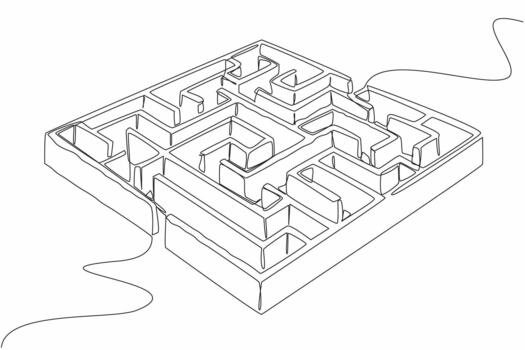 Single one line drawing labyrinth of box shaped plants. Using intuition. Finding solutions to problems that are too complex. Escaping. World Labyrinth Day. Continuous line design illustration vector