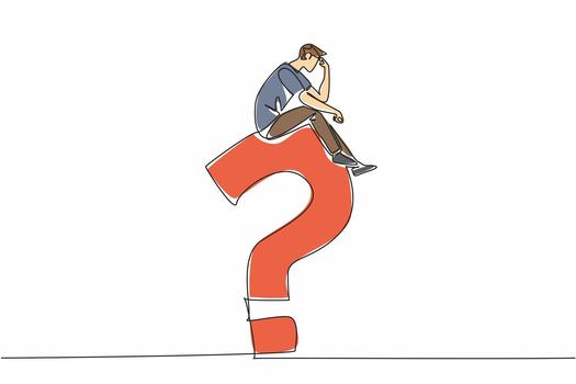 continuo uno línea dibujo joven hombre sentado en un grande pregunta marca mientras contemplando cálculo erróneo. lamentar el elección profundamente. nacional día de razón. soltero línea dibujar diseño ilustración vector