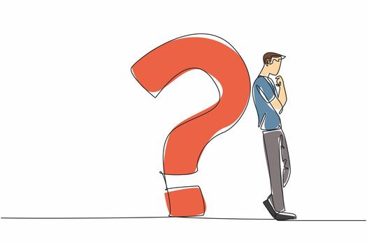 Single continuous line drawing man in casual clothes leaning his back against big question mark. Find the best solution. Get out of trouble. National Day of Reason. One line design illustration vector