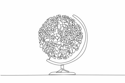 Single one line drawing small globe made of flowers and leaves. Green planet. High in oxygen. Healthy lungs. Calms the mind. The environment. Greenery Day. Continuous line design illustration vector