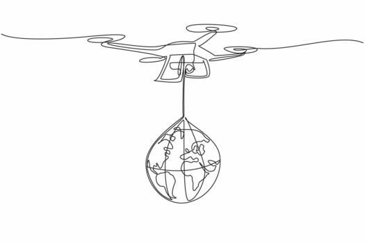 Continuous one line drawing drone carrying globe. Definition of technology that helps humans. Flying without the need for a pilot. International Drone Day. Single line draw design illustration vector