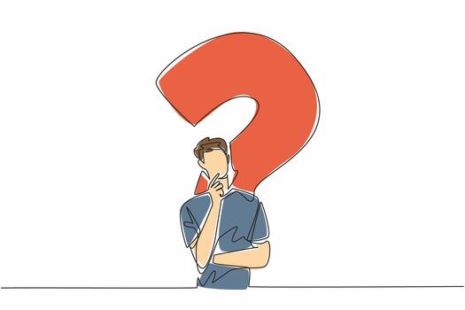 Single one line drawing man with thinking gesture with big question mark background. Thinking very hard to find a solution. Idea. National Day of Reason. Continuous line design graphic illustration vector