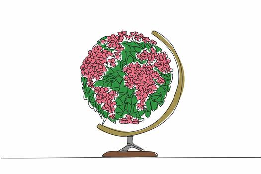 Single one line drawing small globe made of flowers and leaves. Green planet. High in oxygen. Healthy lungs. Calms the mind. The environment. Greenery Day. Continuous line design graphic illustration vector