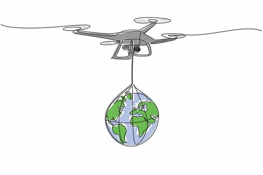 Continuous one line drawing drone carrying globe. Definition of technology that helps humans. Flying without the need for a pilot. International Drone Day. Single line draw illustration vector