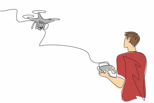 Single continuous line drawing a man in casual clothes controls a drone with a remote control outdoors. Drone pilot. Modern technology. International Drone Day. One line design vector