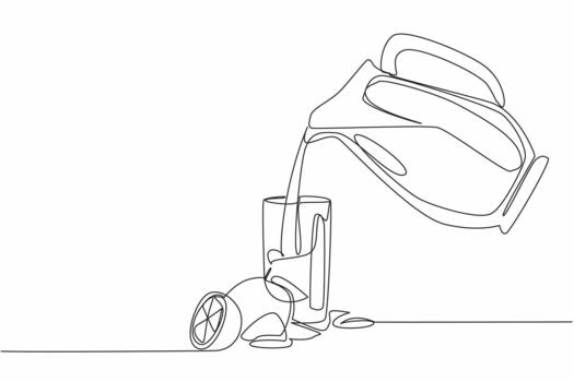 Continuous one line drawing pitcher of orange juice poured into a glass along with orange slices. Serves freshness in summer. National Orange Juice Day. Single line draw illustration vector