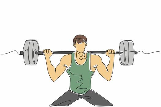 Continuous one line drawing man lifting a barbell on shoulders with both hands. Lifting with the help of muscle mass. The strong one. National Fitness Day. Single line draw design illustration vector