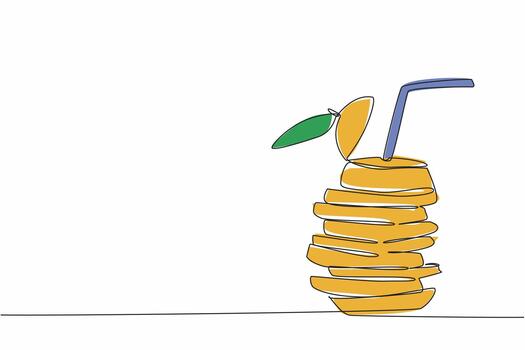 soltero continuo línea dibujo pila de naranja rebanadas hecho en un zigzag modelo con pajitas muy creativo presentación. disfrutando naranjas nacional naranja jugo día. uno línea diseño ilustración vector