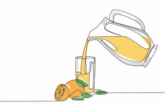 Continuous one line drawing pitcher of orange juice poured into a glass along with orange slices. Serves freshness in summer. National Orange Juice Day. Single line draw design illustration vector