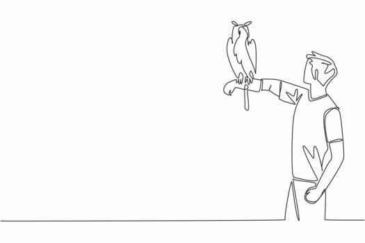 Single continuous line drawing great horned owl perched on hand of man. Ears resembling horns. The most ferocious predator can prey on large prey. Man Holding Bird. One line illustration vector