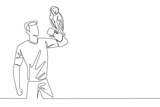 Continuous one line drawing barn owl perched on hand of man. Has a distinctive facial feature with a heart pattern. Gentle to humans. Man Holding Bird. Single line draw design vector