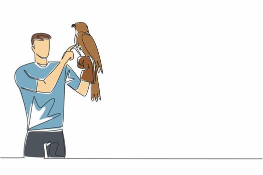 Single one line drawing eagle perched on hand of man. One of many large, thick billed, large footed birds of prey. Strong talons. Claws. Man Holding Bird. Continuous line design graphic illustration vector