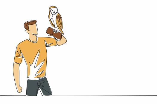 Continuous one line drawing barn owl perched on hand of man. Has a distinctive facial feature with a heart pattern. Gentle to humans. Man Holding Bird. Single line draw design illustration vector