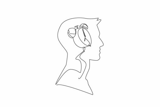 Continuous one line drawing the head of a man has an alarm clock in the middle of his head. Thinking about the many work deadlines. Inside the Head of Man. Single line draw illustration vector