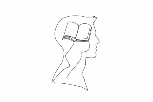 Continuous one line drawing the head of a man with an open book in the middle of his head. High knowledge. Like a walking book. Inside the Head of Man. Single line draw illustration vector