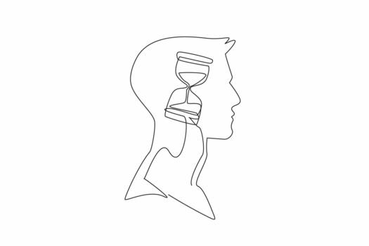 Single continuous line drawing the head of a young man with an hourglass in the middle of his head. Counting down to resign from work. Inside the Head of Man. One line design vector
