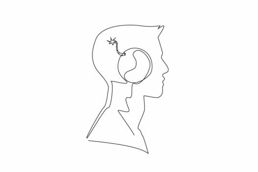 soltero continuo línea dibujo el cabeza de un hombre con grande bomba en el medio de cabeza con un ardiente fusible. pensando acerca de real amenazas dentro el cabeza de hombre. uno línea ilustración vector