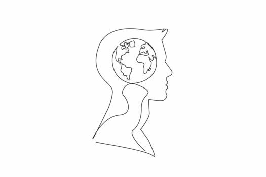 Continuous one line drawing the head of a young man with a globe in the middle of his head. Taking sides with the earth. Greening. Inside the Head of Man. Single line draw design vector