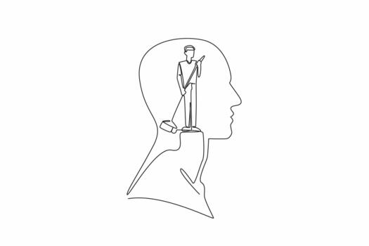 Single one line drawing the head of a man in the middle of his head is a man sweeping. Clearing the mind of unnecessary things. Inside the Head of Man. Continuous line design illustration vector