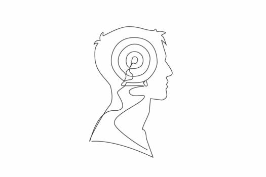 Single continuous line drawing head of a man with arrow target board in the middle of head. Focus on achieving success. Improve strategy. Inside the Head of Man. One line illustration vector