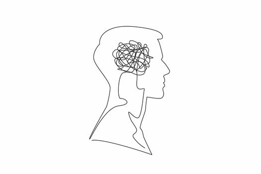 Continuous one line drawing the head of a man with a tangled wire in the middle of his head. Too many problems. Involute. Complex. Inside the Head of Man. Single line draw illustration vector