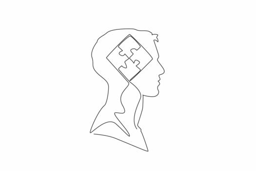 Single one line drawing head of man has puzzle in the middle of head. Collecting memories solves mysteries. Some pieces of memory. Inside the Head of Man. Continuous line design illustration vector