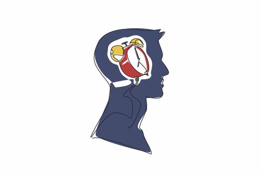 Continuous one line drawing the head of a man has an alarm clock in the middle of his head. Thinking about the many work deadlines. Inside the Head of Man. Single line draw design illustration vector