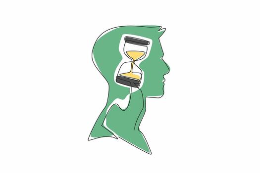 Single continuous line drawing the head of a young man with an hourglass in the middle of his head. Counting down to resign from work. Inside the Head of Man. One line design illustration vector