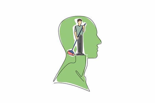 Single one line drawing the head of a man in the middle of his head is a man sweeping. Clearing the mind of unnecessary things. Inside the Head of Man. Continuous line design graphic illustration vector