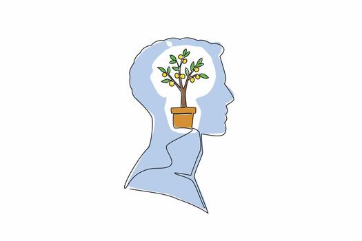 soltero continuo línea dibujo el cabeza de un hombre con un dinero árbol en un maceta en el medio de su cabeza. rentable inversión. éxito. rico. dentro el cabeza de hombre. uno línea diseño ilustración vector