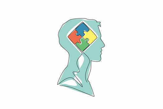 Single one line drawing head of man has puzzle in the middle of head. Collecting memories solves mysteries. Some pieces of memory. Inside the Head of Man. Continuous line design graphic illustration vector