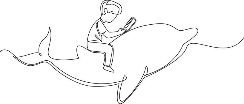 Single continuous line drawing boy reading book on cute dolphin swimming. Studying the intelligence of dolphins comes from. Nerd. Boy Reading Book at Animal Back. One line design illustration vector