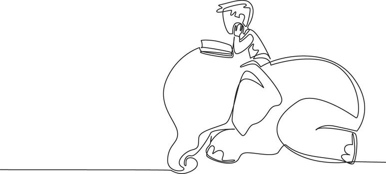 Single one line drawing boy reading a book on a cute elephant lying down. Observing the largest land animals in the world. Boy Reading Book at Animal Back. Continuous line design graphic illustration vector