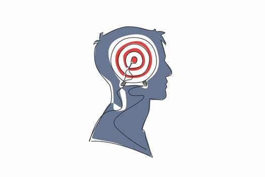 Single continuous line drawing head of a man with arrow target board in the middle of head. Focus on achieving success. Improve strategy. Inside the Head of Man. One line design illustration vector
