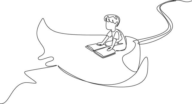 Single continuous line drawing boy reading book on cute stingray swimming. Read about the poisonous tail of the stingray. Beware. Boy Reading Book at Animal Back. One line design vector